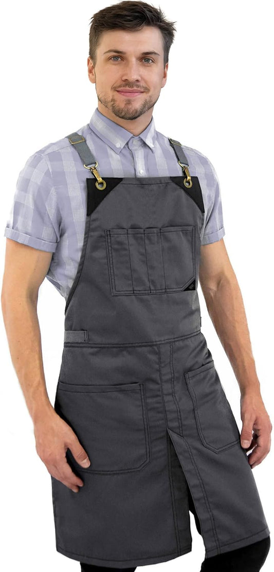 Under NY Sky Cross-Back Slate Gray Apron - Durable Denim with Leather Reinforcement and Split-Leg - Adjustable for Men and Women - Pro Chef, Tattoo, Baker, Barista, Bartender, Stylist, Server Aprons