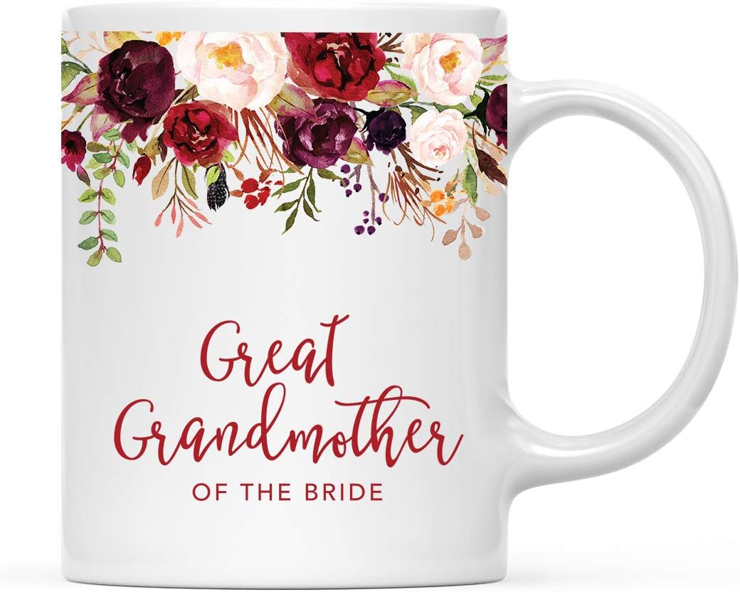 Andaz Press 11oz. Wedding Ceramic Coffee Tea Mug Gift, Fall Autumn Marsala Burgundy Flowers Roses Florals, Great Grandmother of the Bride, 1-Pack, Includes Gift Box