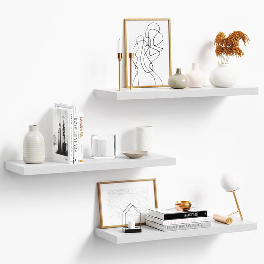 Floating Shelves for Wall, White Wood Wall Shelf Set of 3, 24" Wall Mounted Floating Shelf for Kitchen