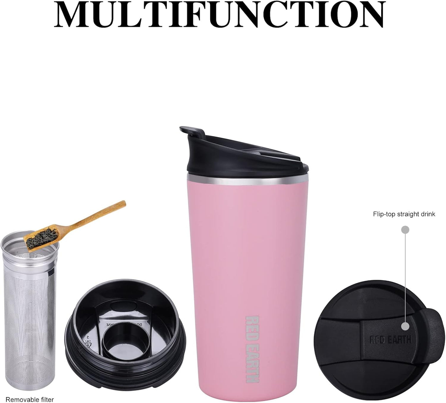 GiNT 17oz Travel Tea Mug with Infuser and Two Lid. Vacuum Insulated 316 Stainless Steel Travel Coffee Mug. Dishwasher Safe Tea Cup with Tea Strainer for Hot and Cold Brew Coffee or Tea(Pink)