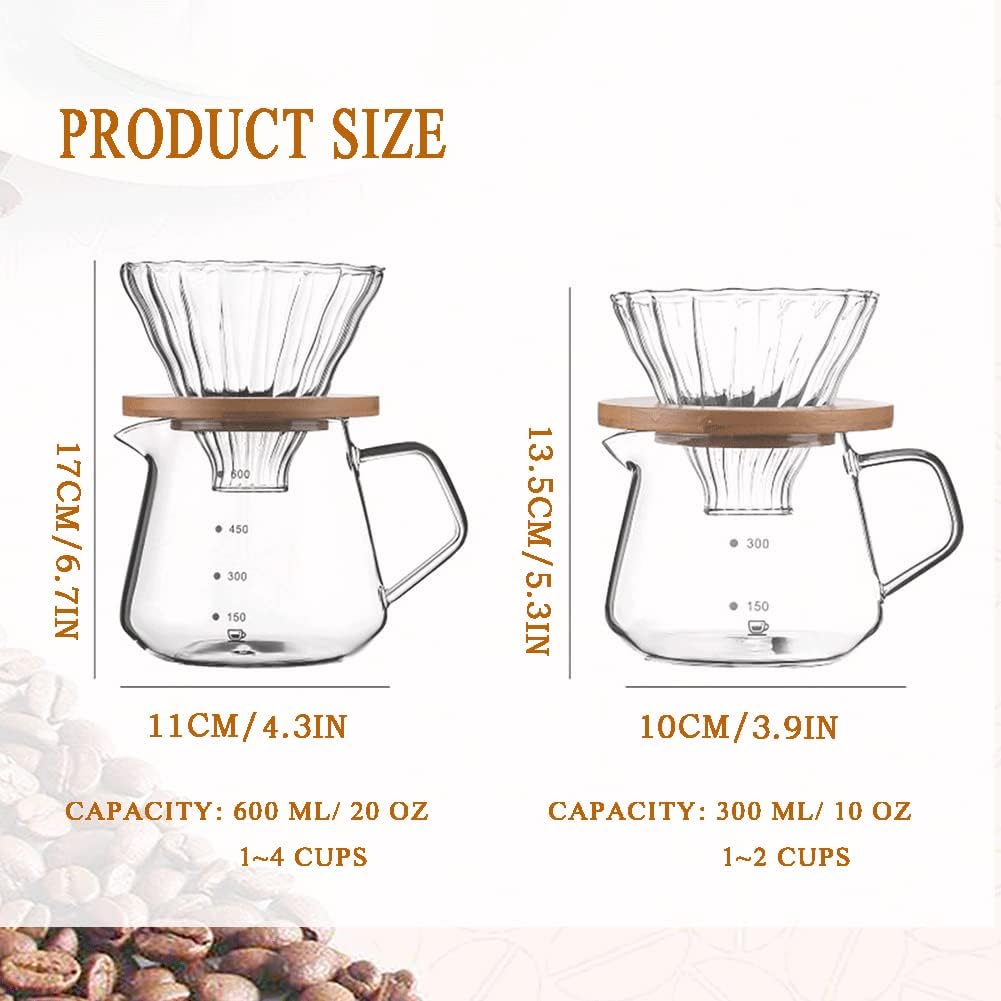 Pour Over Coffee Maker - 20 OZ /600ML Glass Carafe Coffee Server with Glass Coffee Dripper/Filter, Drip Coffee Maker Set for Home or Office, 1-5 Cups