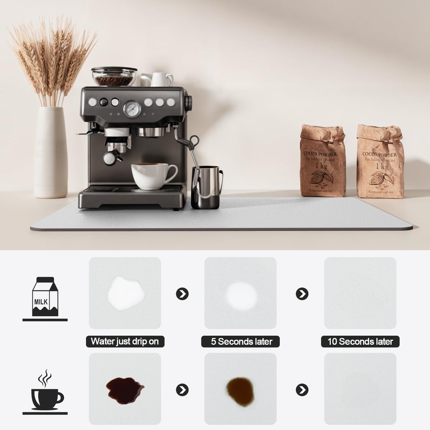 Dish Drying Mat for Kitchen Counter | Coffee Bar Mat for Countertops | Heat Resistant Drainer Mat with Non-slip Rubber Backed | Hide Stain Kitchen Absorbent Draining Mat | Light Grey 18"x24"