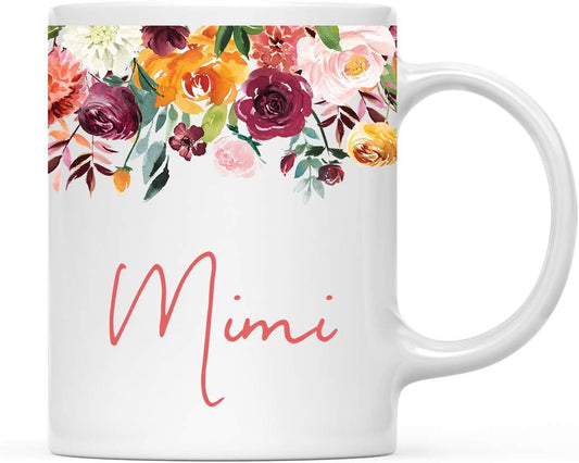 Andaz Press 11oz. Mother's Day Ceramic Coffee Tea Mug Gift, Fall Autumn Burgundy Orange Peach Flowers Roses Florals, Mimi, 1-Pack, Includes Gift Box, Birthday Christmas Gift Ideas