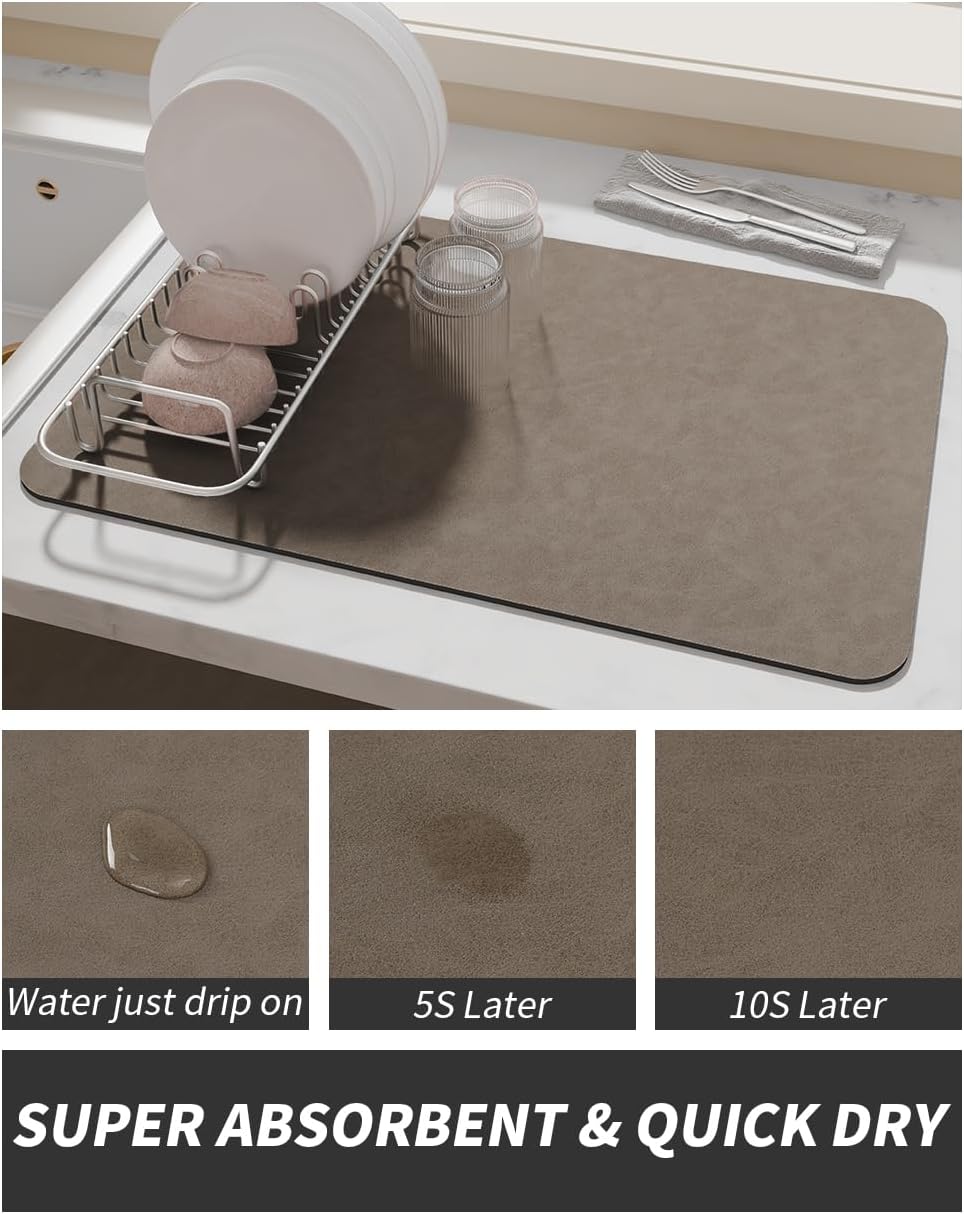 AMOAMI Coffee Mat - Hide Stain Rubber Backed Absorbent Dish Drying Mat for Kitchen Counter - Brown, 12"x19"