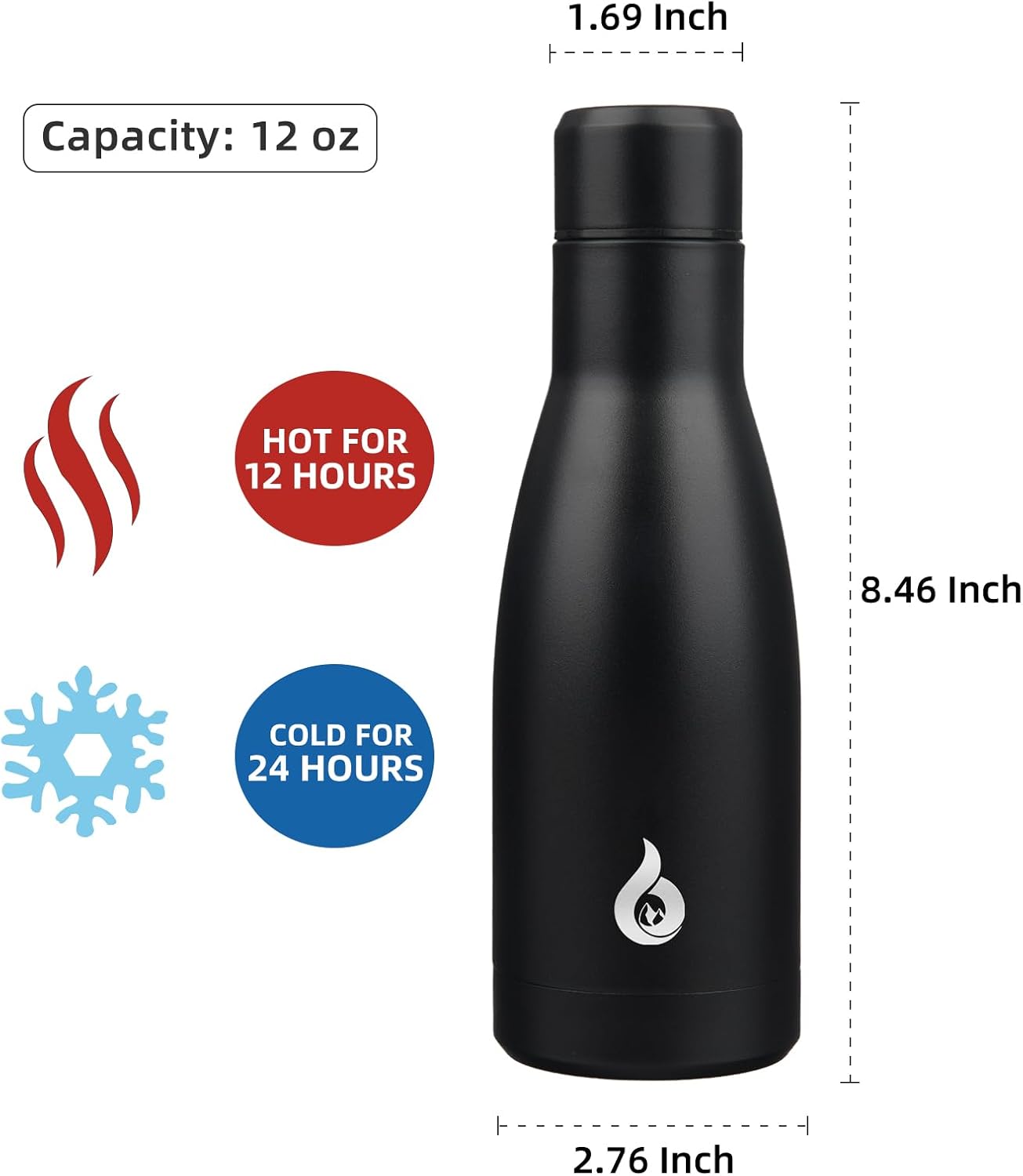 BJPKPK Insulated Water Bottle 12oz Small Stainless Steel Water Bottles Reusable Metal Thermos Keep Cold and Hot,Midnight Black