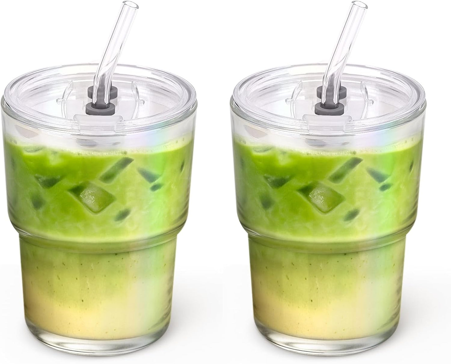 13 oz Glass Tumbler with Glass Straw and Lid, Leak-Proof Reusable Travel Cup for Iced Coffee, Tea, Matcha, Fruit Juice – Thick Wall Clear Water Bottle (Iridescent Shimmer, 2 Pack)