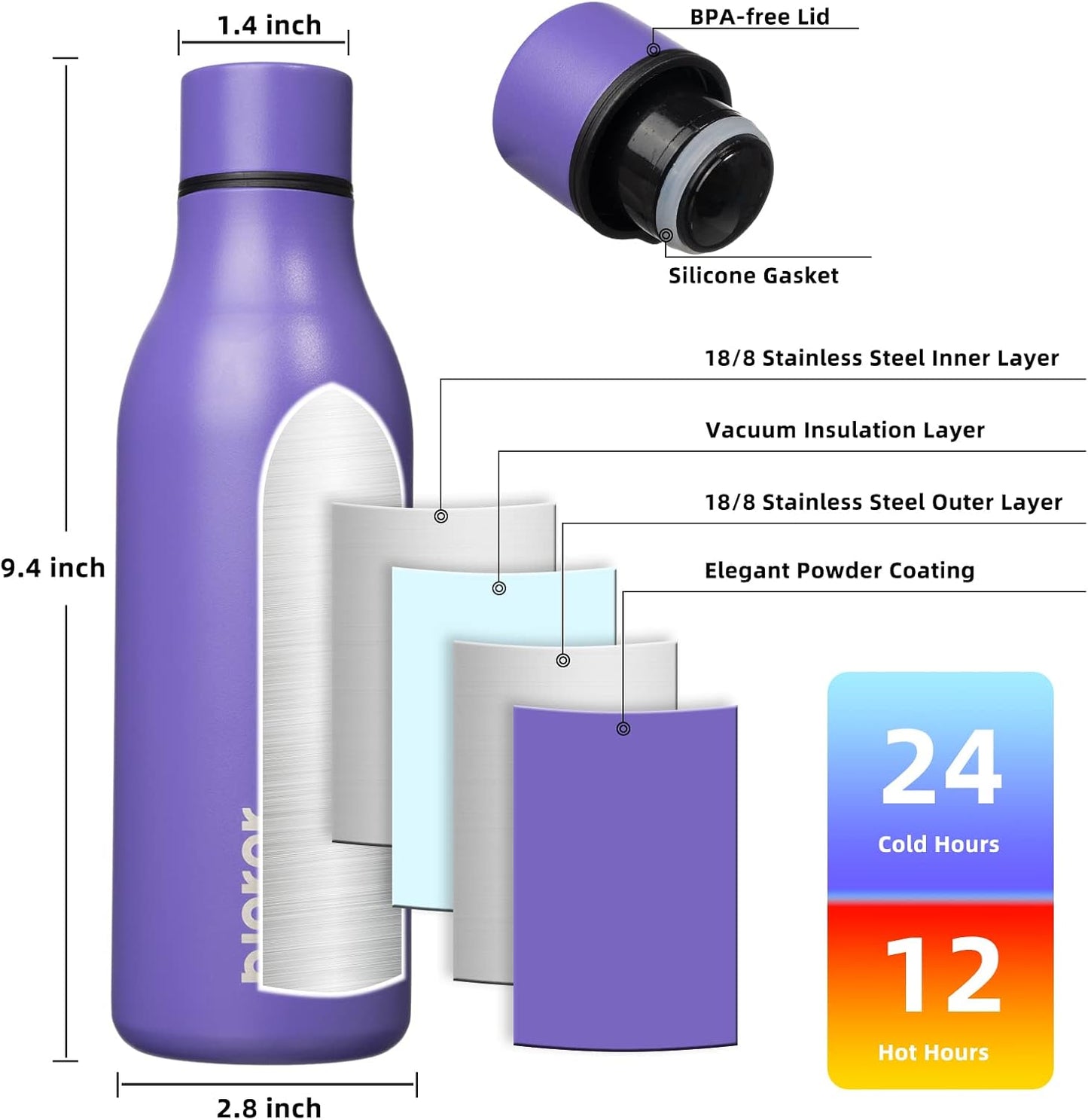 BJPKPK Insulated Water Bottles, 18 oz Stainless Steel Metal Water Bottle with Strap, BPA Free Leak Proof Thermos, Mugs, Flasks, Reusable Water Bottle for Sports & Travel, Purple
