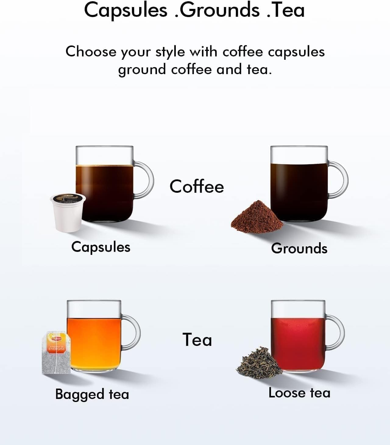 SIFENE single serve brewer 3-in-1 coffee machine for coffee pods ground loose tea 6 to 10oz brew sizes 50oz removable tank 1150w compact efficient white