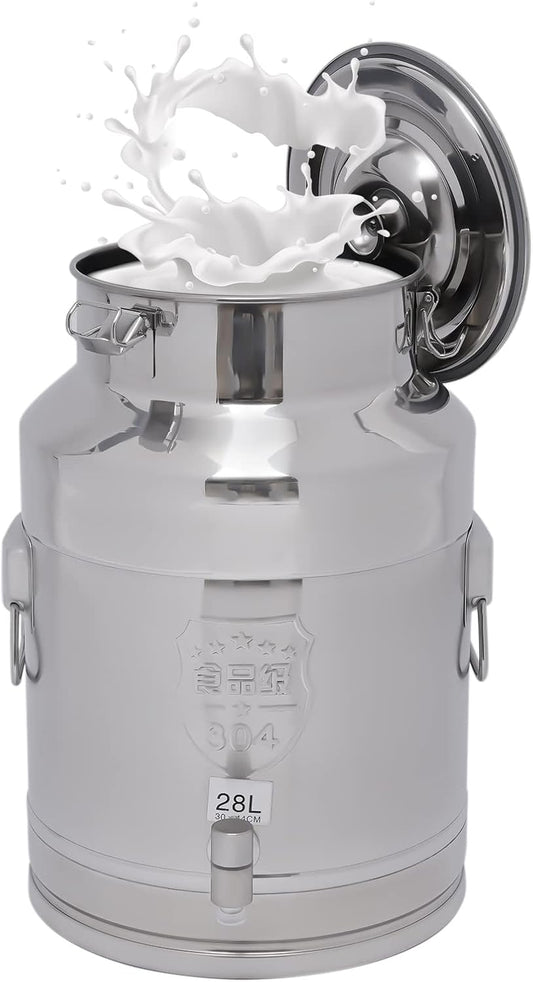 304 Stainless Steel Milk Bucket With Faucet, Large Liquid Container Storage,Milk Bucket With Sealing Lid and Carry Handle,for Wine, Oil Storage Transport (28L/7.4 Gal,w/Faucet)