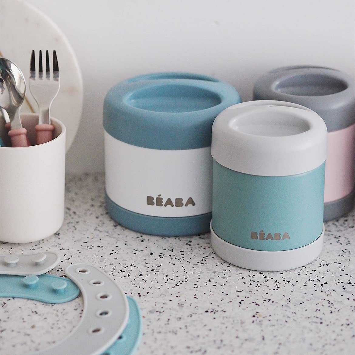 Beaba Stainless Steel Insulated Food Jar 10 oz, Kids Thermos, Lunch Containers, Leakproof, Wide Opening, Suitable for Hot and Cold Foods (Sage)