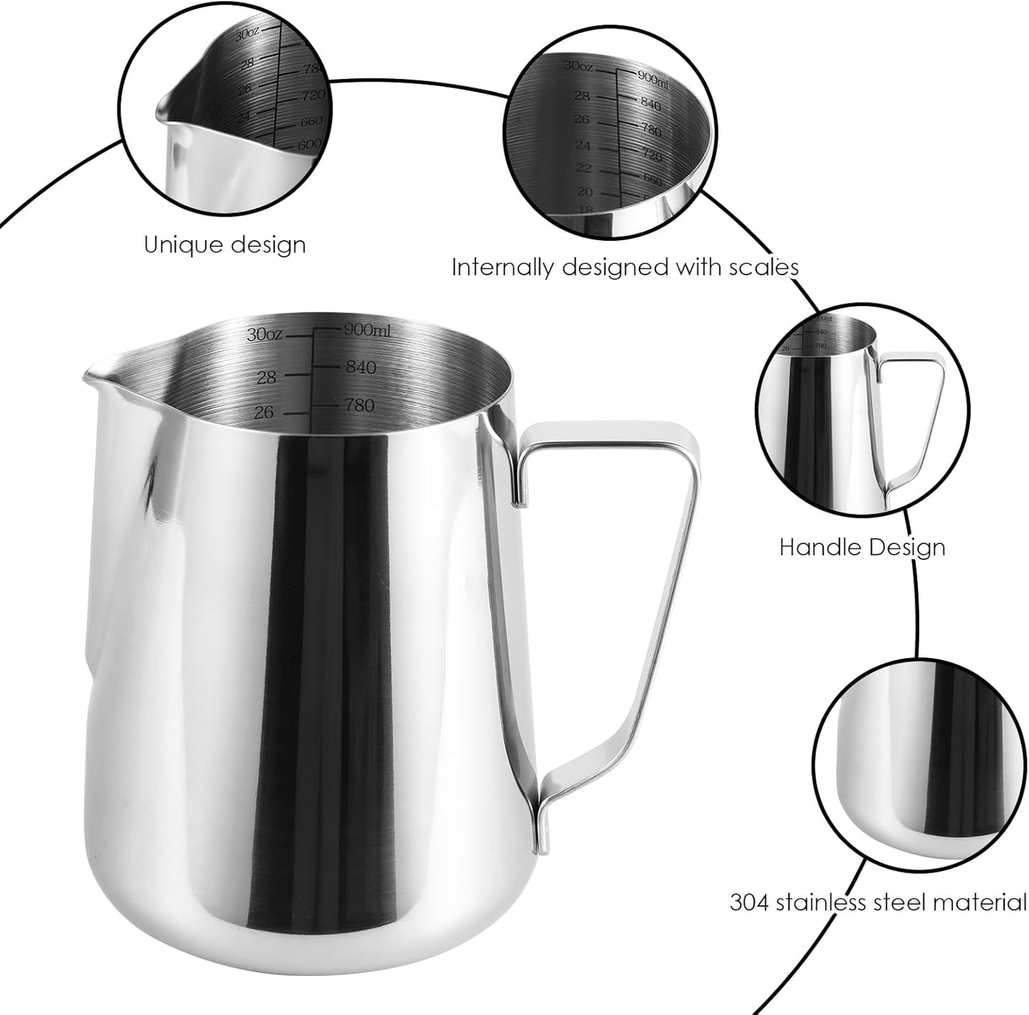 2 Pack Milk Frothing Pitcher 900ml 32oz Steaming Pitchers Stainless Steel Milk/Coffee/Cappuccino/Latte Art Steam Pitchers Milk Jug Cup with Art Pen(2)