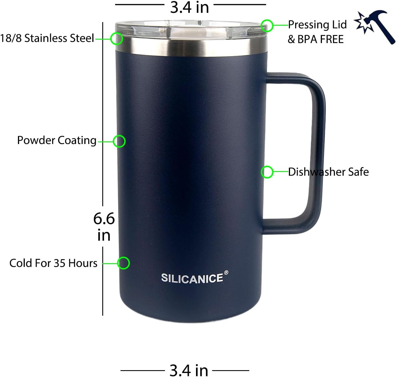 24 oz stainless steel glass with handle double-wall insulation, easy to hold and clean, suitable for coffee, beverages, cola, protein powder, beer Navy
