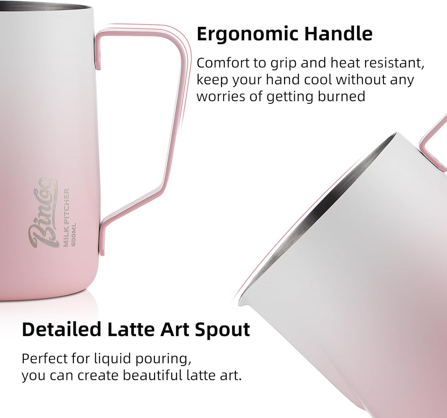 600ml Pink Milk Frothing Pitcher – Stainless Steel Latte Art Coffee Cup with Measurement Markings, Espresso Steaming Jug, Food-Grade & Heat-Resistant for Barista & Home Brewing (Pink white-600ml)