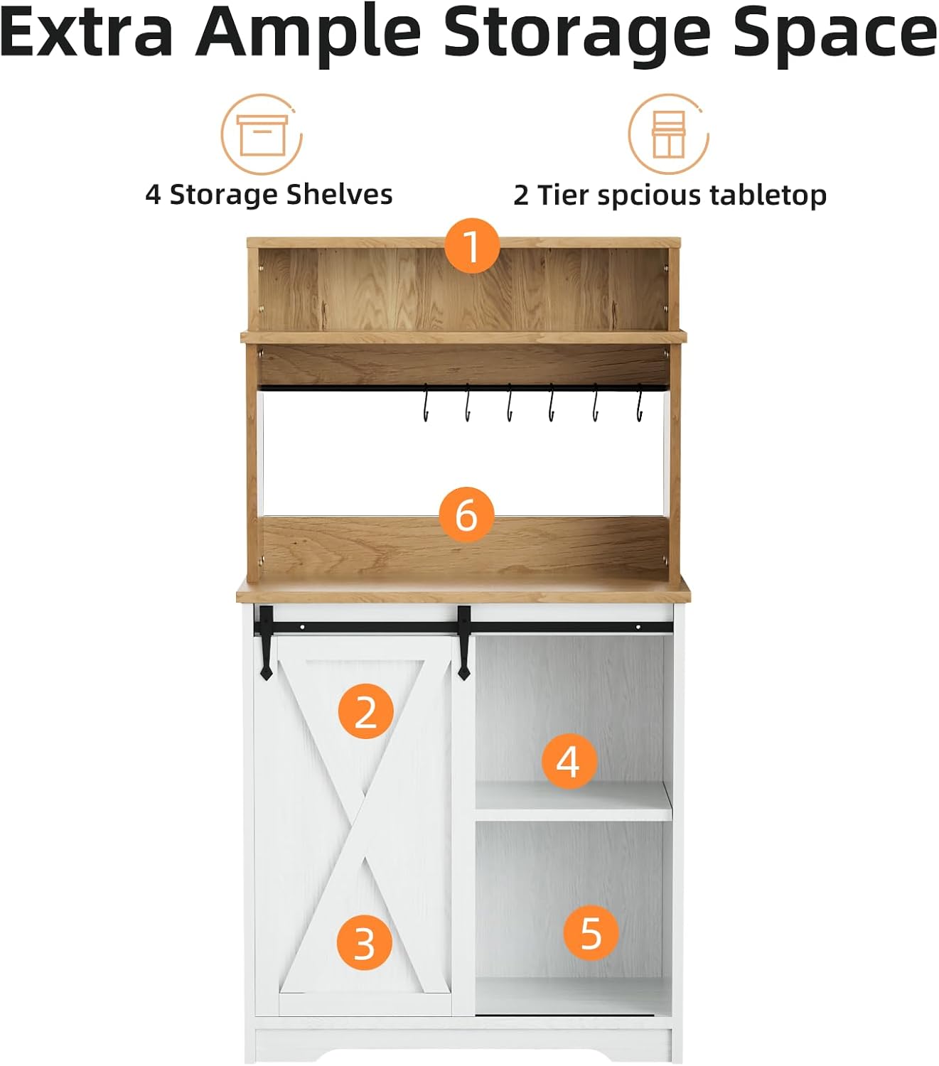 Farmhouse Coffee Station with 3 Tier Storage Hutch & 6 Hooks - 56 Inch Small Coffee Bar Table with Adjustable Shelves for Living/Dining Room
