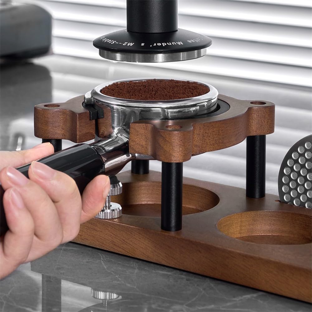 Adjustable Wooden Espresso Tamping Station, Coffee Tamper Base Portafilter Holder Compact Tamping Station Sapele Wood Coffee Portafilters Stand Base (B)