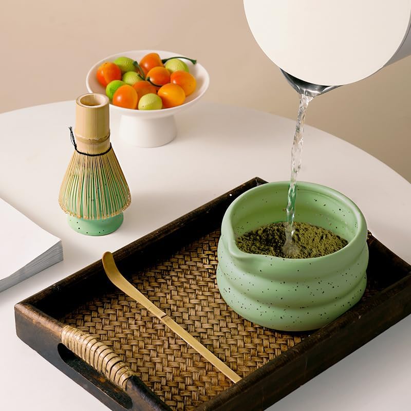 4pcs green ceramic matcha bowl with black speckles, perfect for matcha green tea, coffee, or as part of a matcha kit with whisk, sifter, and glass straws