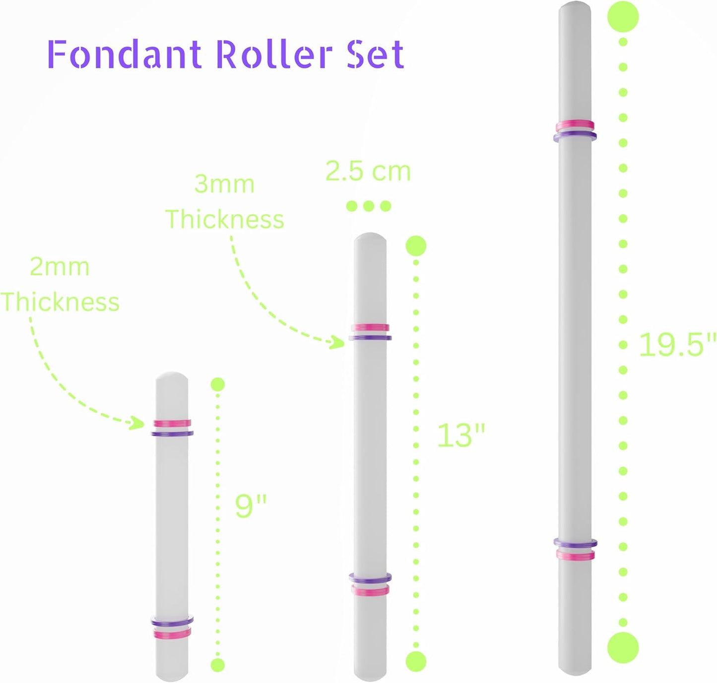 Bakerpan Fondant Roller 3 Size Set, for Rolling Fondant, Gum Paste, Dough, Large, Medium and Small Rolling Pins with Thickness Rings, 19.5", 13", 9" Rollers