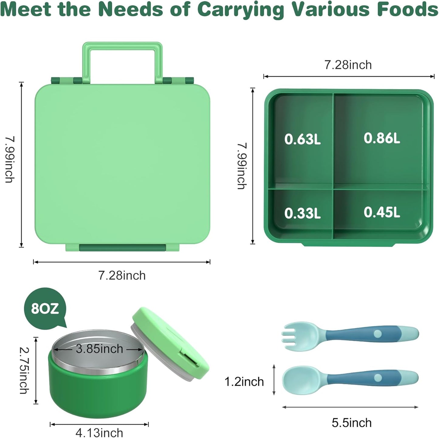 Bento Lunch Box with 8oz Soup Thermo, Kids Leakproof Lunch Food Containers with 4 Compartment, Kids Thermo Insulated Hot Food Jar for School, Trvael-Green