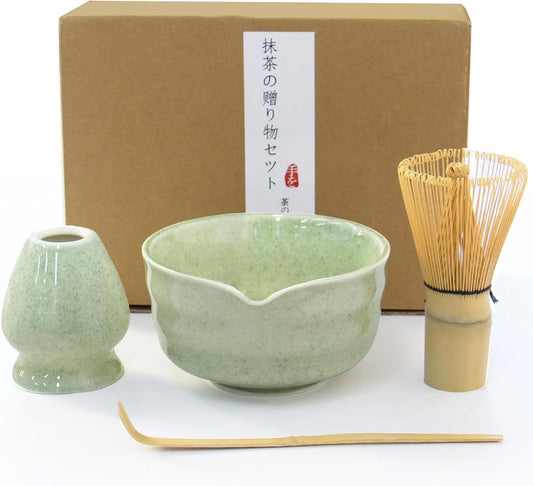 Matcha Whisk Set, Japanese Tea Set includes Matcha Bowl with Spout, Matcha Whisk and Holder, Bamboo Matcha Scoop - 4 Pcs Ceremonial Grade Matcha kit for Matcha Tea Lovers (Jade Green)