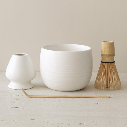Matcha Whisk Set, Ceramic Matcha Bowl & Whisk Holder, Bamboo Accessory, Modern Design (White, Traditional Bowl Design)