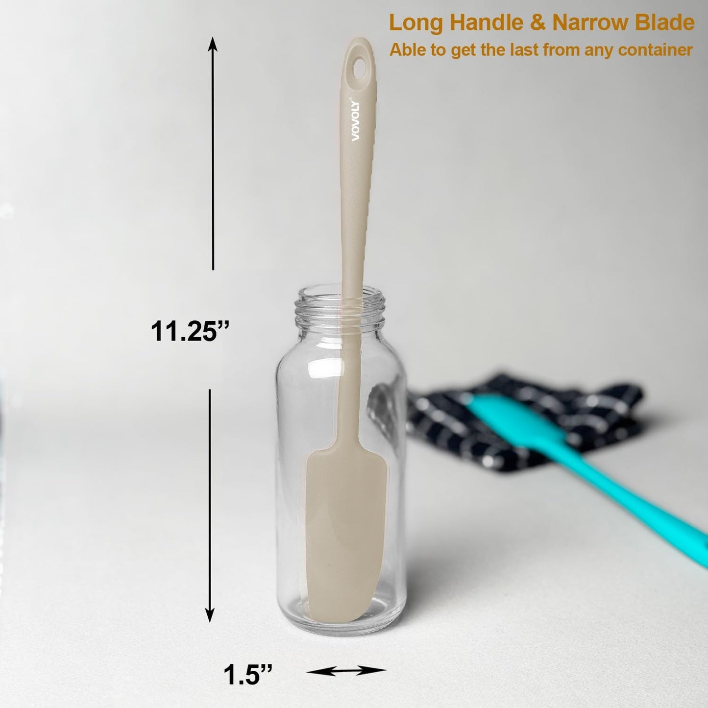 2-Pack Vovoly Silicone Jar Spatulas, Small Seamless Design Rubber Scraper with Stainless Steel Core, Heat Resistant and Non-Stick Mini Spatula for Jars and Blenders, BPA Free,11 IN, Khaki