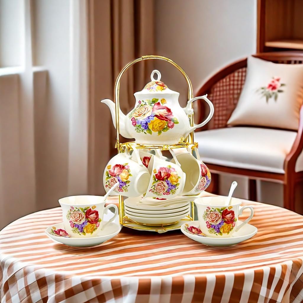 20-Pieces Porcelain Bone china Tea Sets,Gold Rim Coffee Set with Golden Metal Rack,Tea Gift Sets for Home&Party (006)