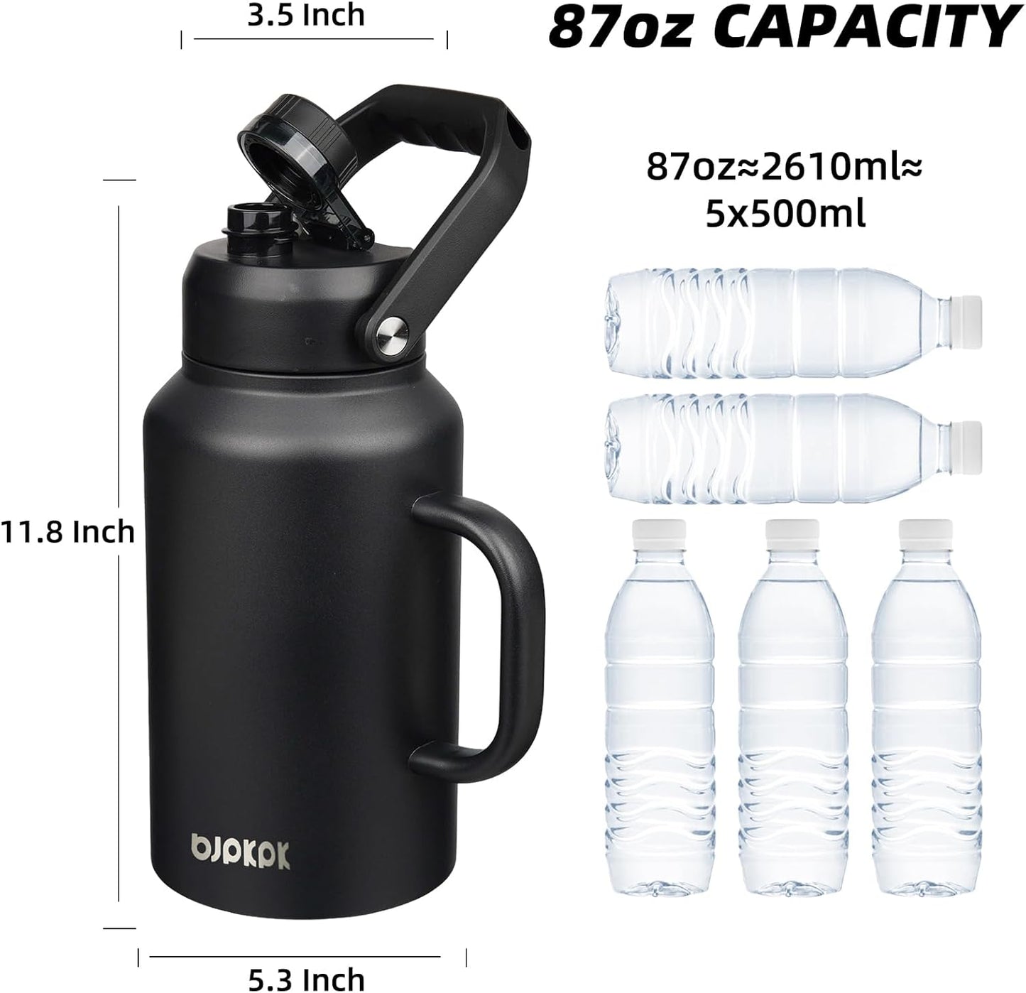BJPKPK 87oz Insulated Water Bottle with Handle, Large Dishwasher Safe 2/3 Gallon Water Bottle, BPA Free Water Jug, Wide Mouth Metal Water Bottle with Anti-slip Bottom, Keep Cold & Hot,Black