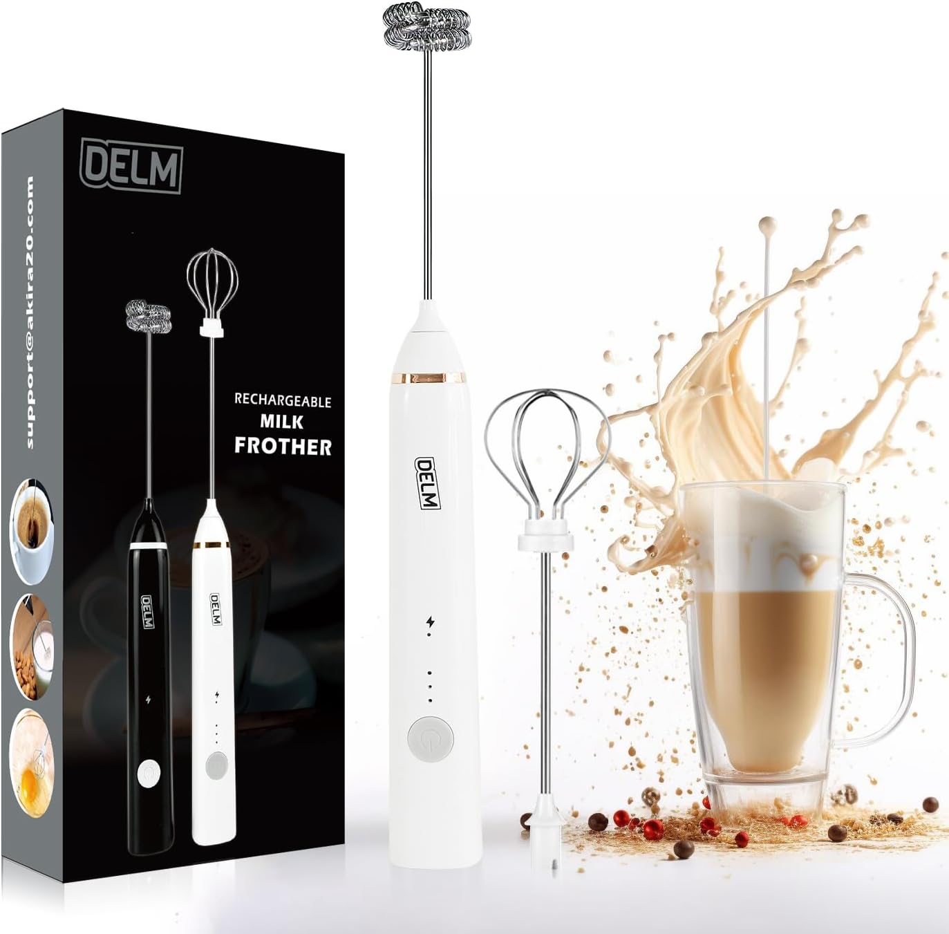 Delm Milk Frother Electric USB Stainless Steel Accessory - Frother Wand Foam Maker for Lattes - Milk Frother Handheld for Cappuccino, Frappe, Matcha, Hot Chocolate - Frother for Coffee (white)