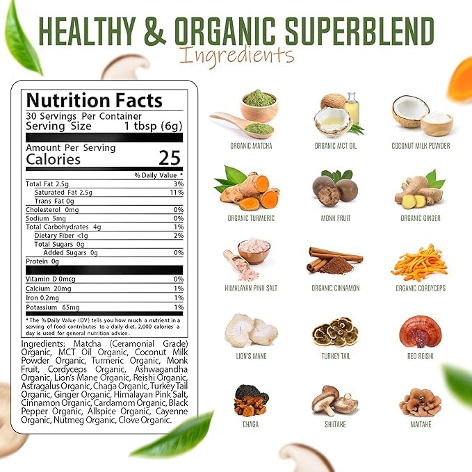 ReviTEAlize Organic Matcha Mushroom Powder - Organic Ceremonial Grade - Coffee Alternative - Latte (60 Servings)