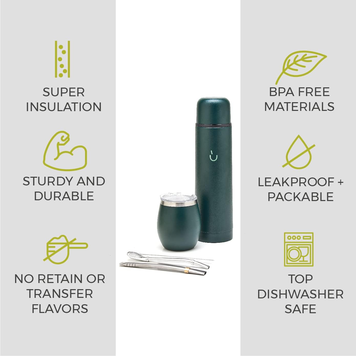BALIBETOV Complete Yerba Mate Set - Modern Mate Gourd, Thermal Flask, Bombilla and Cleaning Brush Included - All Premium Quality 304 18/8 Stainless Stee (Green)