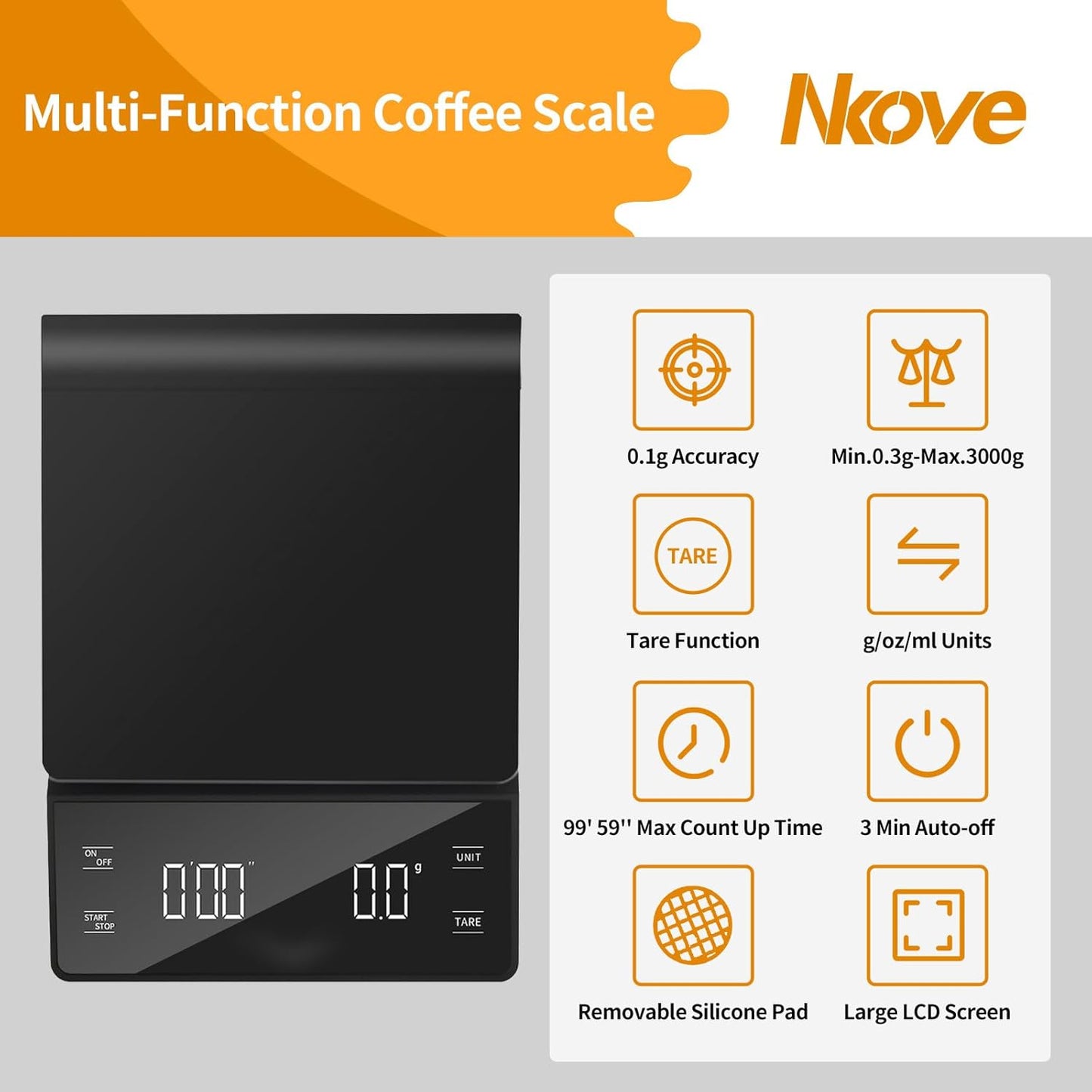 Digital Coffee Scale with Timer 3kg/0.1g High Precision Espresso Scale Tare Function for Pour Over Maker Brew
