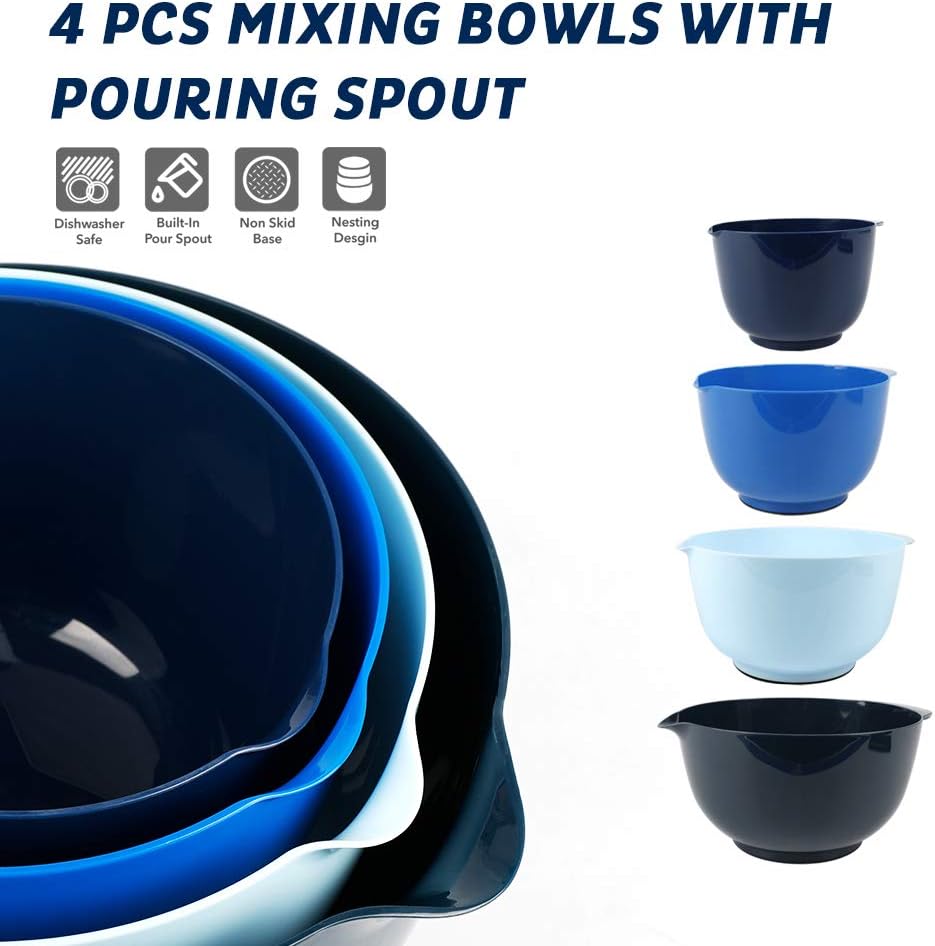 BoxedHome Nesting Plastic Mixing Bowl Set With Pour Spout, Microwave and Dishwasher Safe, BPA free Non-Slip Base, Set of 4 Size 1.7, 2.5, 3.5 and 4.5qt, Great for Prepping, Baking, Cooking (Dark Blue)