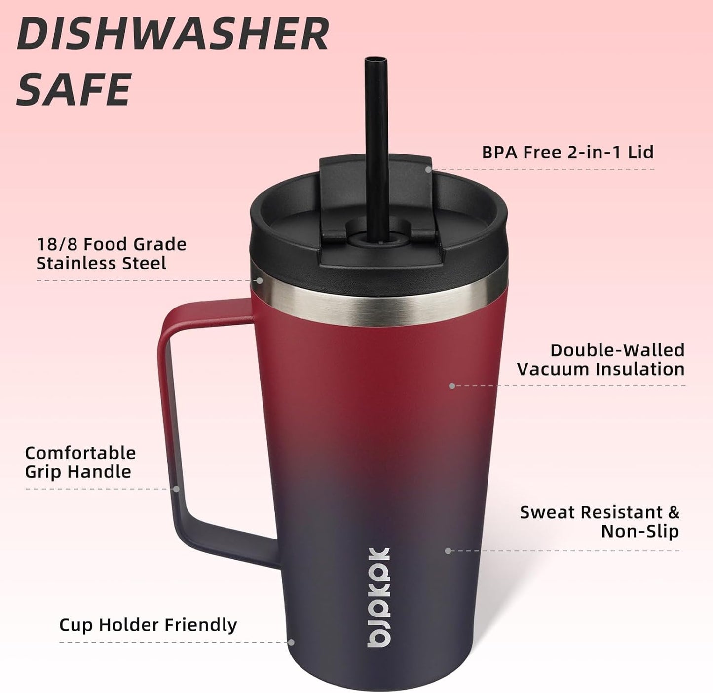 BJPKPK Insulated Tumbler with Handle, 18oz Insulated Tumblers with Lid and Straw, Stainless Steel Metal Water Bottles, Coffee Travel Mugs, Cups, Charming Red