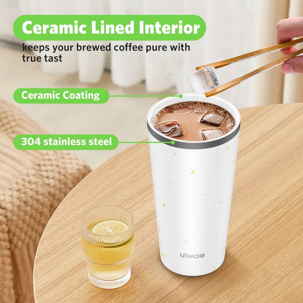 Insulated Coffee Mug with Ceramic Coating, 18oz Travel Mug with Leak-proof Lid, Vacuum Double-wall Tumbler, Stainless Steel Thermal Cup for Tea, Hot Cocoa, Cold Beverage, Ice Drinks