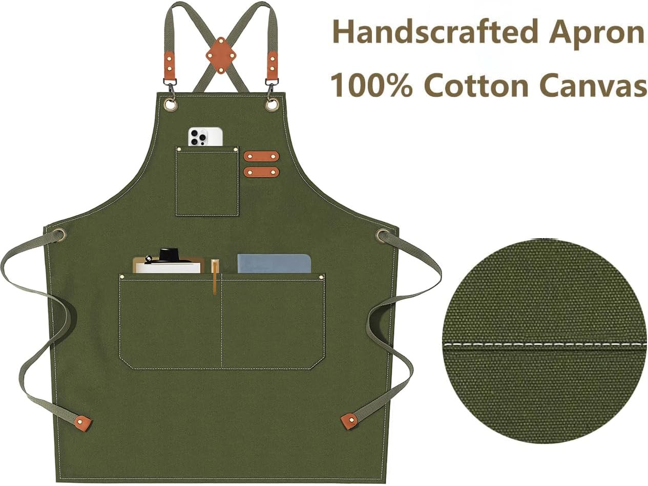 AFUN Chef Aprons for Men Women with Large Pockets, Cotton Canvas Cross Back Heavy Duty Adjustable Work Apron, Size M to XXL (Armygreen)