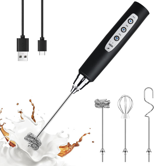 YUSWKO Black Handheld Milk Frother Wand for Coffee, Rechargeable Electric Whisk with 3 Heads 3 Speeds Drink Mixer Coffee Frother For Latte, Cappuccino, Hot Chocolate, Egg