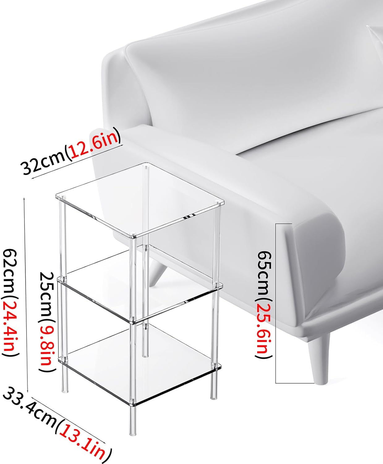 Acrylic Side Table Clear 3-Tier End Table for Living Room, Office, Hallway, Bedroom Small Bedside Table (8mm 13.1'' Wide)