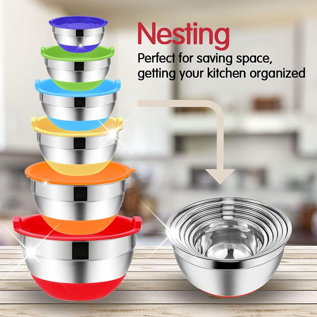 Mixing Bowls with Airtight Lids, 20PCS Stainless Steel Mixing Bowls Set, Nesting Bowls with 3 Grater Attachments & Non-Slip Bottoms, Size7, 4, 3, 2, 1.5, 1QT Bowls for Baking&Prepping