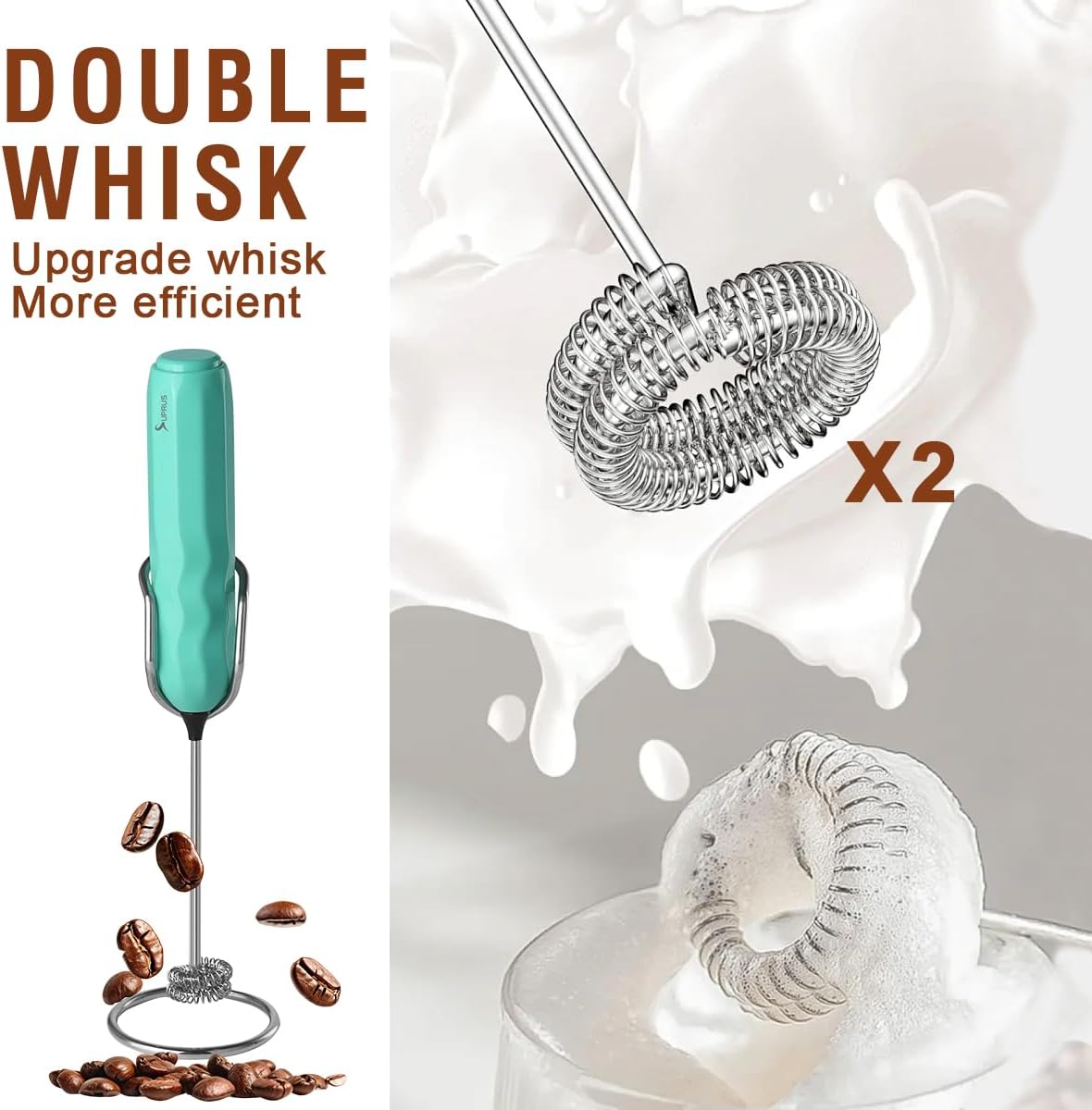 SUPRUS Ultra Fast Handheld Milk Frother Double Whisk with Stand 2 Batteries Stainless Steel for Lattes Cappuccino Matcha Hot Chocolate Coffee Bar Accessories Kitchen Gadgets Gift