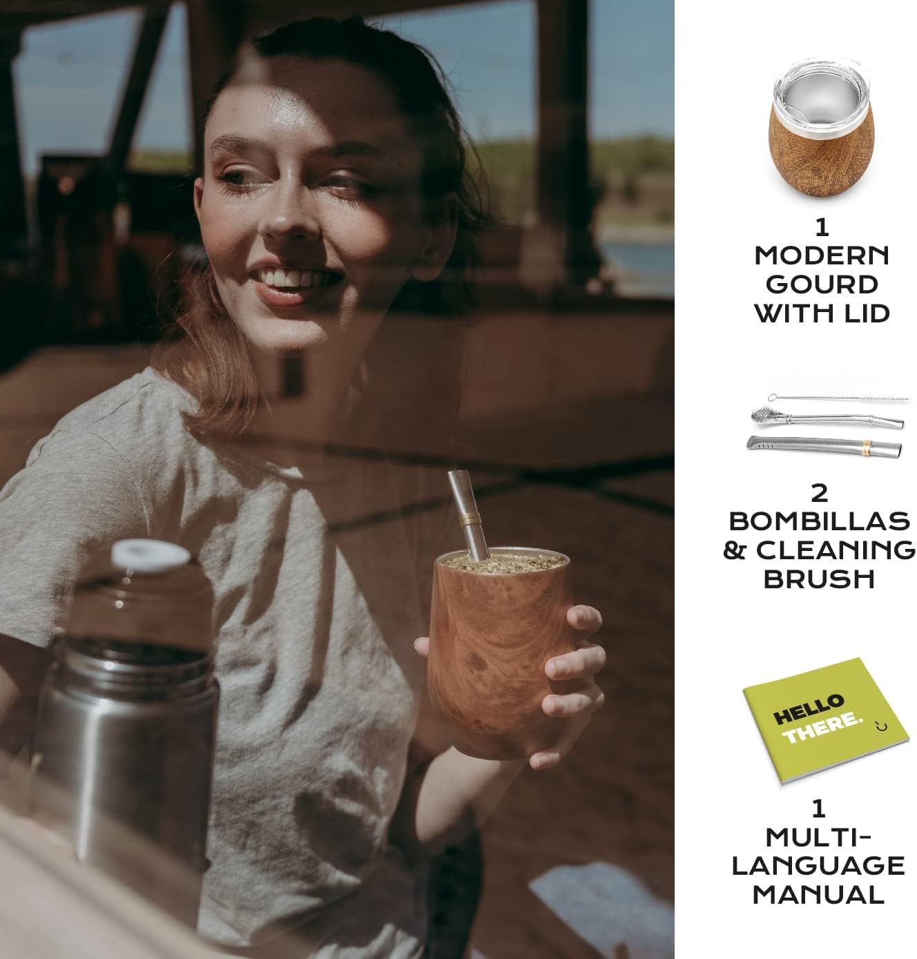 BALIBETOV 5 pcs large Yerba Mate Cup and Bombilla Kit, Includes one 8 oz Yerba Mate Gourd with Lid, Two Bombillas Mate Straw and one cleaning brush (Wood, 8.00)