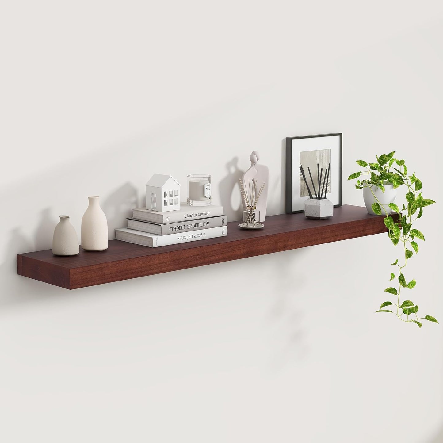 48" Solid Wood Floating Shelves, 9.3 Inch Deep Floating Shelves for Wall, Rustic Wooden Shelves for Wall Decor, Large Fireplace Mantel for Storage, Deep Floating shelf Set of 1, Red Brown