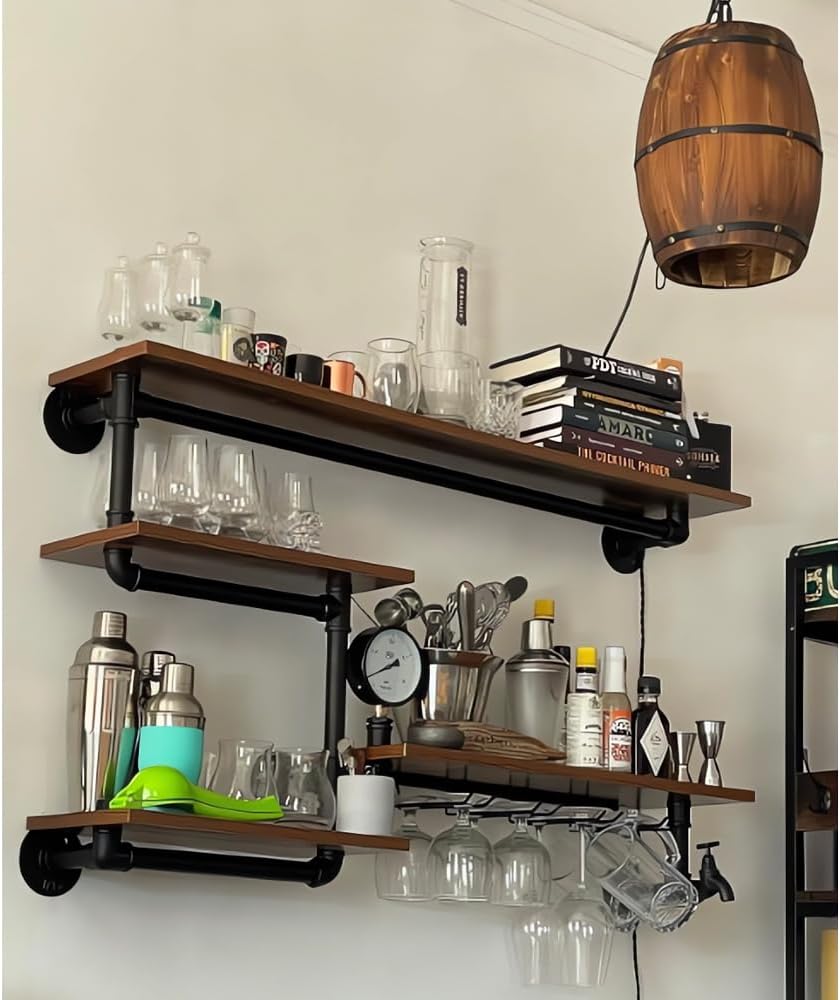 Industrial Pipe Shelves Wine Rack Wall Mounted with 4 Stem Glass Holder,Bar Shelves 39in Metal Hanging Wine Rack, Rustic Floating Pipe Shelf, Living Room Kitchen Decor Display Rack
