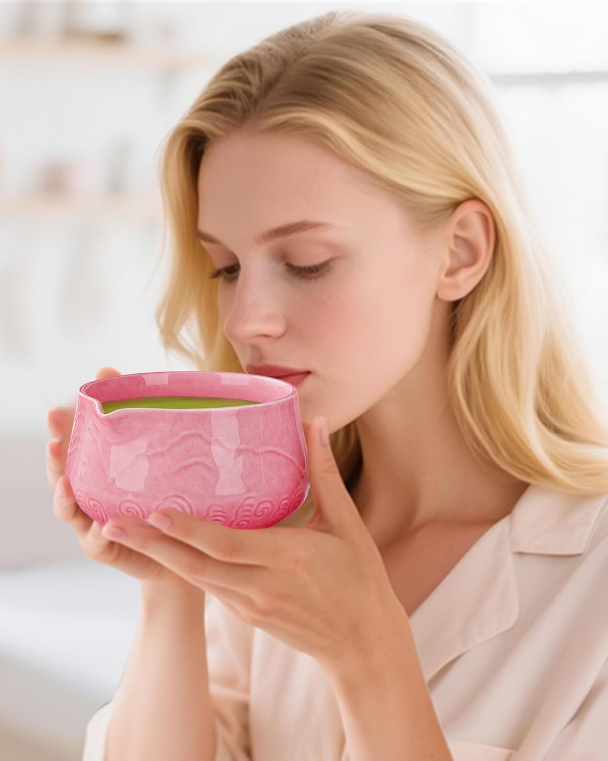 ZENS Matcha Whisk Set, 6pcs Matcha Set Pink Includes 15oz Ceramic Bowl and Bamboo Whisk (Chasen Holder) Scoop, 304 Sifter & Pink Tea Mat, Japanesse Matcha Kit for Matcha Latte-Making