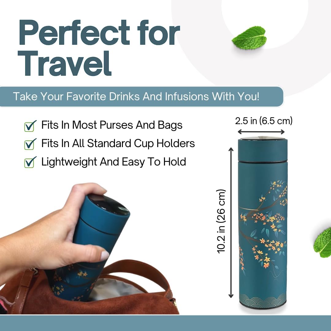 Farasi Tea Infuser for Loose Leaf Tea Smart Water Bottle with Fahrenheit Temperature Display, Stainless Steel Insulated Coffee and Fruit Tea Infuser Bottle - Green Floral Travel Tea Mug 15 oz