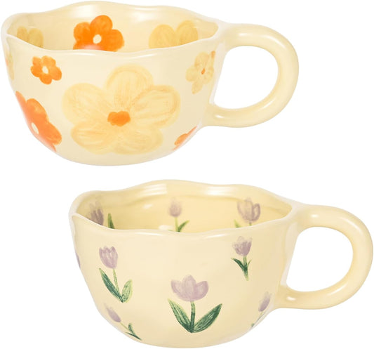 Cute Coffee Mug Set of 2 Vintage Flower Mugs 8 oz Ceramic Floral Coffee Mugs Irregular Latte Art Cup Lead-free Porcelain Cups for Cappuccino, Cocoa (Orange Flowers and Purple Tulips)