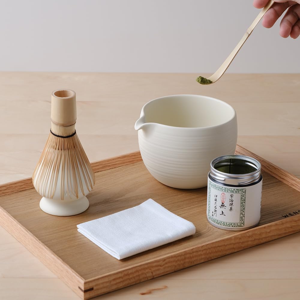 WENSHUO Matcha Whisk Set, Ceramic Matcha Bowl & Whisk Holder, Bamboo Accessory, Modern Design (Matte Crème, Pouring Spout)