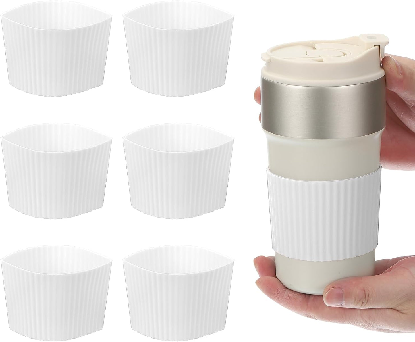 uxcell 6Pack Coffee Cup Sleeves, Reusable Silicone Heat Resistant Cup Protective Sleeve Nonslip Mug Protector Cover for Home Travel Coffee Mug Glasses Water Bottle Boots, White