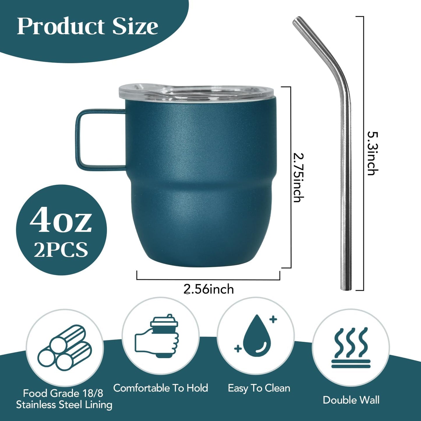 4oz Stackable Cup, Vacuum Insulated Espresso Cup Set of 2, Espresso Shot Mug for Coffee, Double Wall Stainless Steel Mini Tumbler Shot Glasses with Straw and Lid (B-blue2P, 4oz)