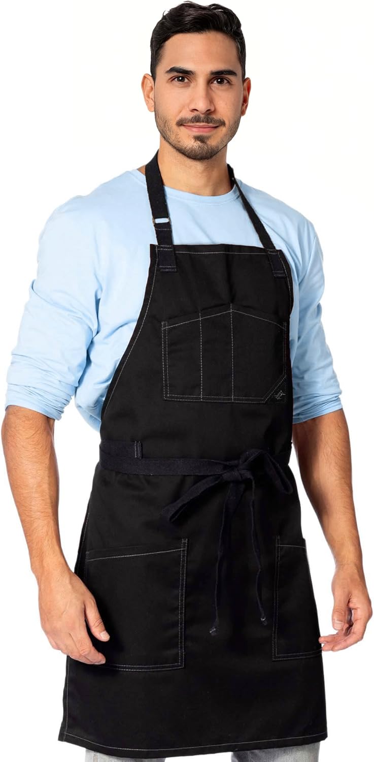 Under NY Sky Chef Apron – Professional Black Twill – Cotton Straps - Smart Pockets - Adjustable for Men and Women – Pro Chef, Cook, Kitchen, Baker, Barista, Bartender, Server Aprons