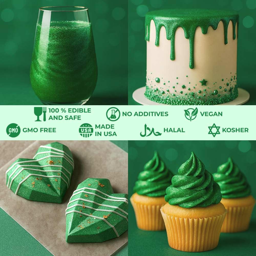 Bulk (20g) Luster Dust Edible Cake Decorations, Edible Luster Dust for Cakes, Green Edible Luster Dust for Cupcake Decorations, Cake Drip, Edible Paint, Green Edible Shimmer Dust for Drinks